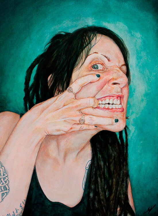 Målning: Porträtt av Alysia som grimaserar